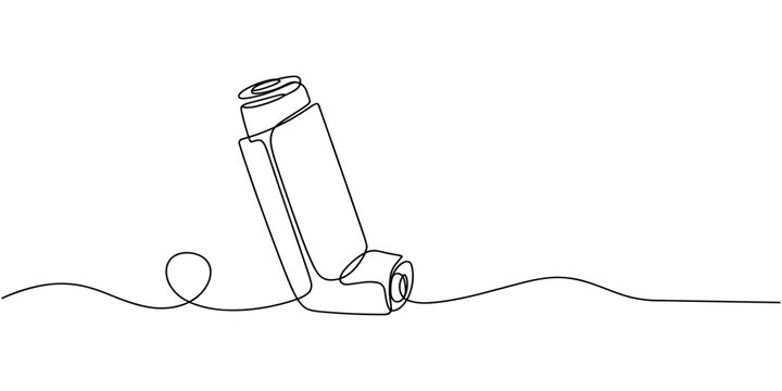 Single one line drawing an inhaler. Medical equipment concept. Continuous line draw design graphic vector illustration, Inhaler for asthmatics, salbutamol, Asthma inhaler, medical supplies, equipment.