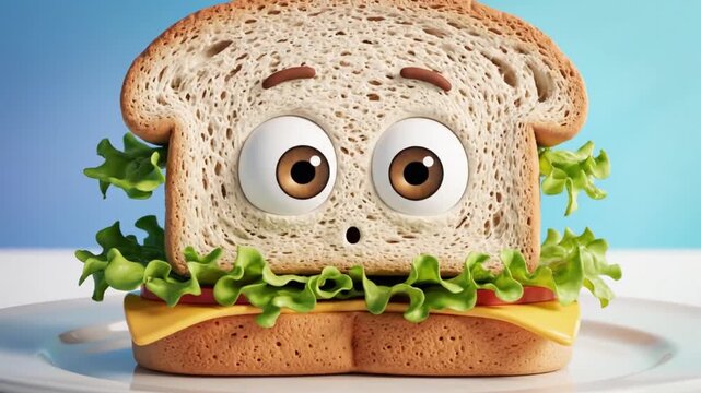 A surprised 3d cartoon sandwich with lettuce and cheese on a plate, against a bright blue background.