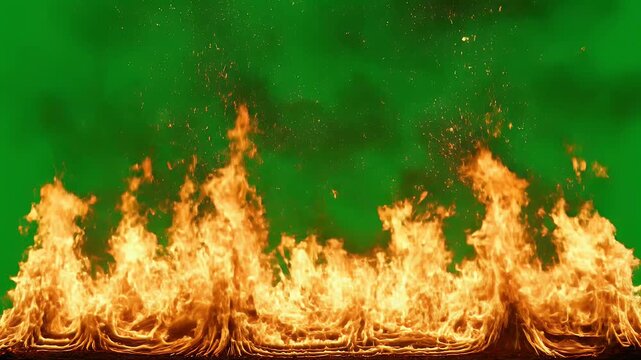 A vibrant, detailed illustration of flames rising with glowing sparks against a rich green backdrop