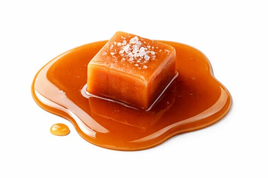 salted caramel candy cube in glossy caramel sauce on white background, highlighting rich amber color, smooth texture and gourmet confection detail.