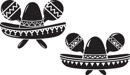 Black and white illustration of maracas and sombreros in a playful design