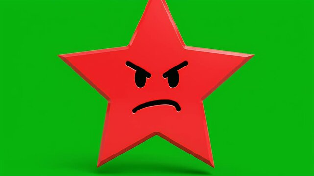A red, stylized five-pointed star with an angry face expression set against a green backdrop