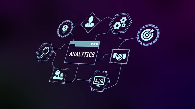 Analytics concept with performance metrics, financial growth chart, reporting dashboard and strategic planning icons.