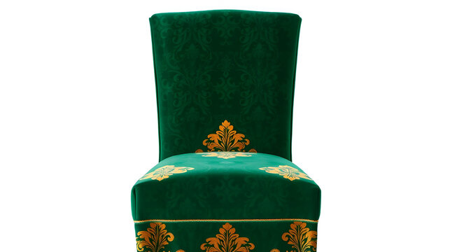 Luxurious emerald green velvet dining chair with gold damask pattern slipcover isolated PNG with Transparent Background