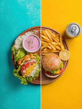 Diet Comparison Showing Healthy Smoothie Bowl and Balanced Meal on One Side and Fast Food Combo and Soda on the Other Side