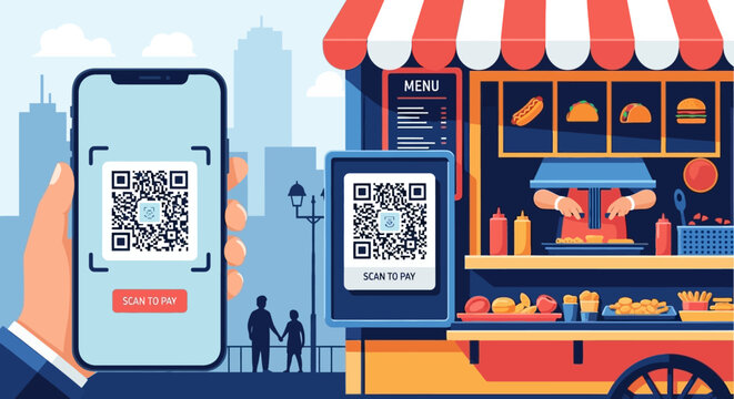 Customer scanning QR code on phone to pay at a street food stall with hot dogs and tacos