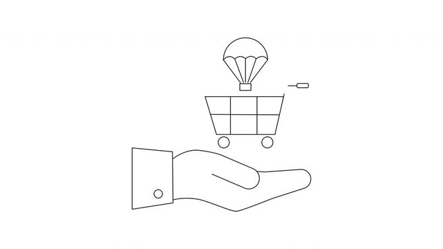 Hand Holding Parachute Shopping Cart Icon Animation.