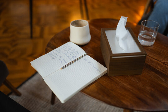 A notebook with notes on the table