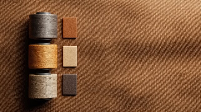 Textile design concept with spools of thread and leather swatches arranged on a textured brown background, showcasing a harmonious color palette for fashion or upholstery projects.