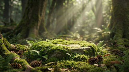 Mossy rock podium on forest floor with sunlight rays.