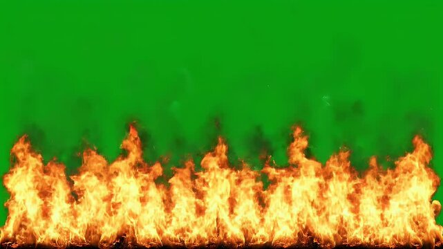 A vibrant image depicts a line of flames dancing against a green screen background