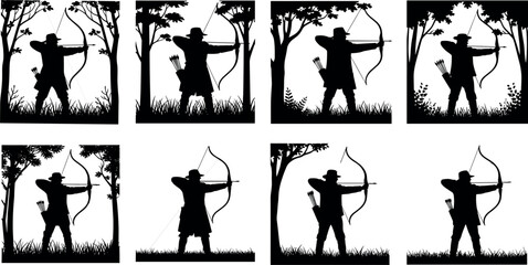 Black archer silhouettes aiming bow and arrow in forest scenes, medieval hunter warrior poses, outdoor archery illustration set for fantasy hunting concepts