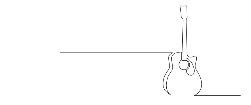 One line drawing of classic guitar with music notes tone design. Classical jazz music instrument. Vector illustration simple continuous outline style