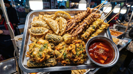Korean Street Food Selection: Fried Snacks and Tteokbokki at Night Market