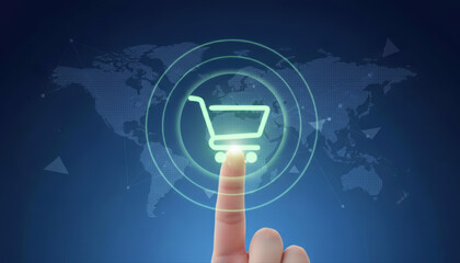 Close up of Human Finger Touching Digital Shopping Cart Icon.