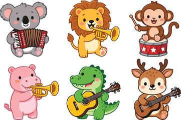 Cute cartoon animal musicians collection, adorable lion koala monkey deer hippo crocodile playing instruments isolated on white background © MDALRAFIN