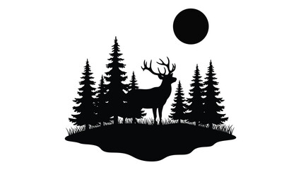A deer stands on a cliff in front of pine trees under the moon isolated on white background, Vector © SILHUETTECHEMBER