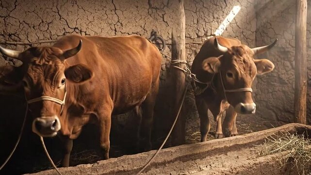 Two brown cows, an adult and a calf, standing in a rustic farm barn stable with dry cracked walls.