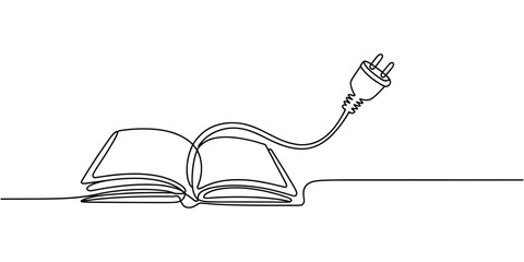 continuous one line drawing of Open book with cable plug, electronic book concept line art symbol or logo, e-book, education and literature reading library.