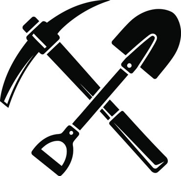 Crossed black pickaxe and shovel icon on white background