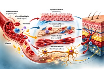 Creative Vector Blood Cells Arranging into Human Tissue Layers Science Education Theme 