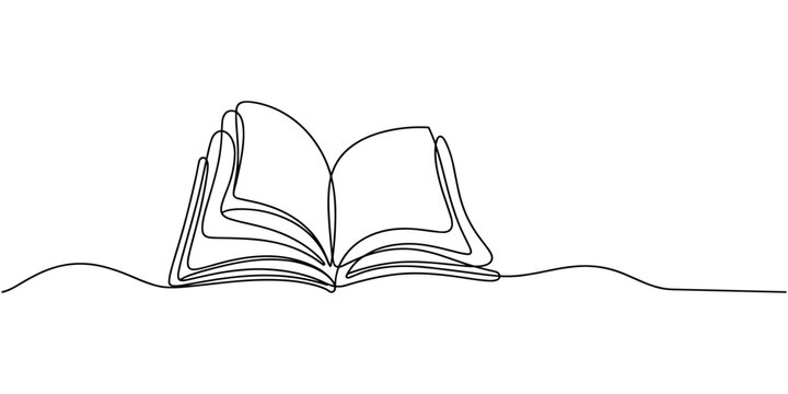 Opened Book with Flying Page One Line Drawing, continuous vector illustration, magical reading concept, stars, education, learning, knowledge symbol, minimalist line art design.