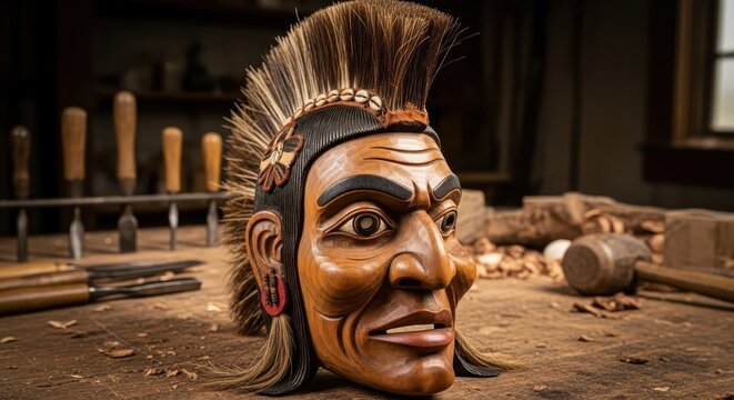 Intricate Carved Wooden Mask with Mohawk on Workbench.