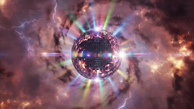 A shimmering disco ball explodes with colorful light in a cosmic scene