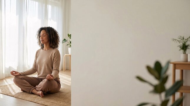 Young woman with pink hair kneeling on a cozy bed in a sunny bedroom, smiling peacefully