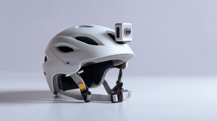 Fototapeta premium White Bicycle Helmet with Action Camera Mounted on Top for Safety and Adventure Photography