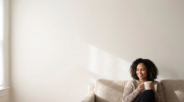 Young woman in comfortable sleepwear relaxing on a bed in a bright, minimalist bedroom.