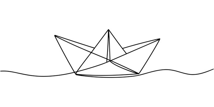 Paper boat in the sea one line art drawing, One continuous line drawing of paper boat. Origami ship concept for success leadership of business in simple linear style. Editable stroke. Doodle Vector