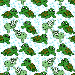 Obraz premium Cute Turtle Seamless Pattern with Bubbles Cartoon Sea Background