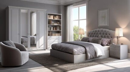 Fototapeta premium Modern Cozy Bedroom Design with Stylish Furniture and Natural Light Streaming Through Large Windows