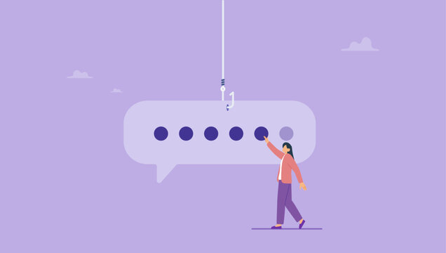 Businesswoman enter password on message bubble with a hook, metaphor for a personal information stealing scam or hacking attempt. Prevention and protection system concept.