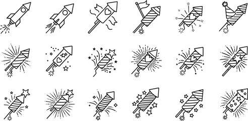 Firework Rocket Outline Vector Set with Sparkling Firecracker Effects Isolated Hand Drawn Collection for Celebration and Holiday Design © MstMukta