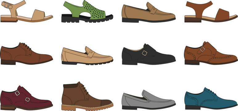 Men&rsquo;s Casual and Formal Shoes Vector Set with Loafers, Boots, Sandals and Oxfords Isolated Footwear Collection for Fashion Design