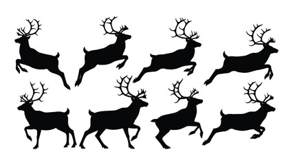 Seven black silhouettes of reindeer running in a line isolated on white background, Vector © SILHUETTECHEMBER