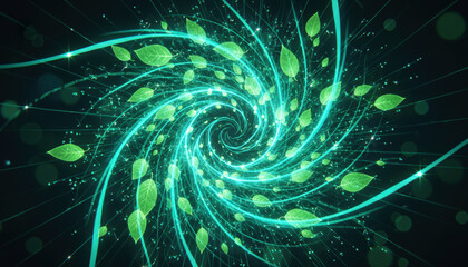 Abstract Nature Energy Flow with Green Leaves Spiraling in Radiant Light Trails.