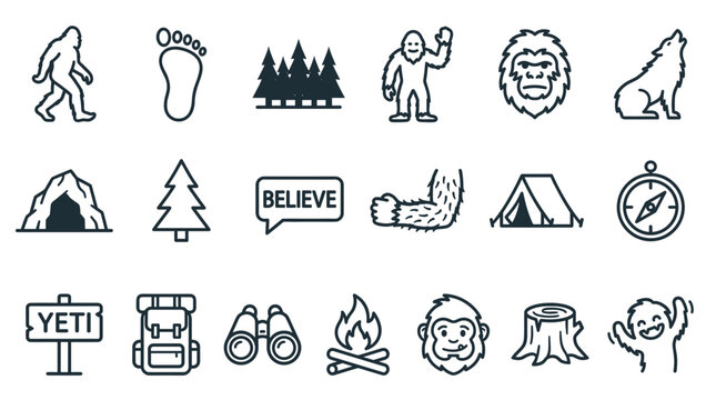 Sasquatch vector icon set, wild bigfoot yeti monster outdoor adventure and camping elements, footprint, tent, campfire, forest tree line art silhouette graphic design collection.