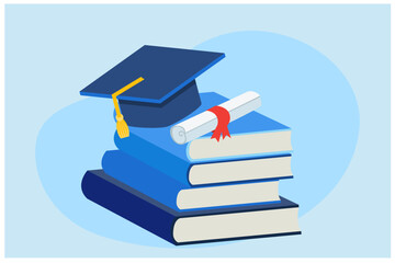 Graduation cap on education books and diploma certificate vector illustration 