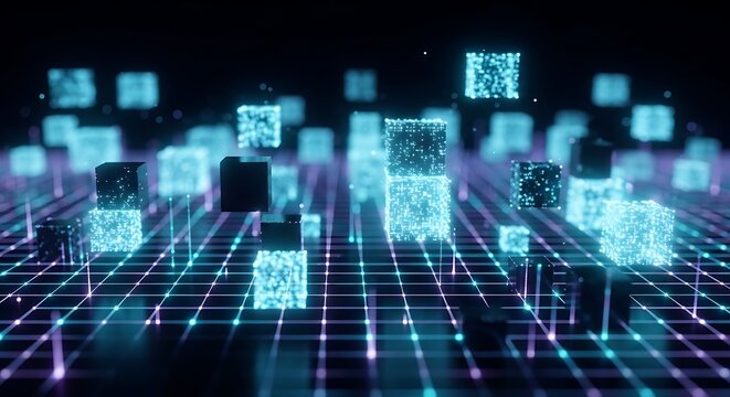 Abstract background with binary code and a stock market graph featuring a futuristic digital matrix pattern with blue light for business data science and network technology design