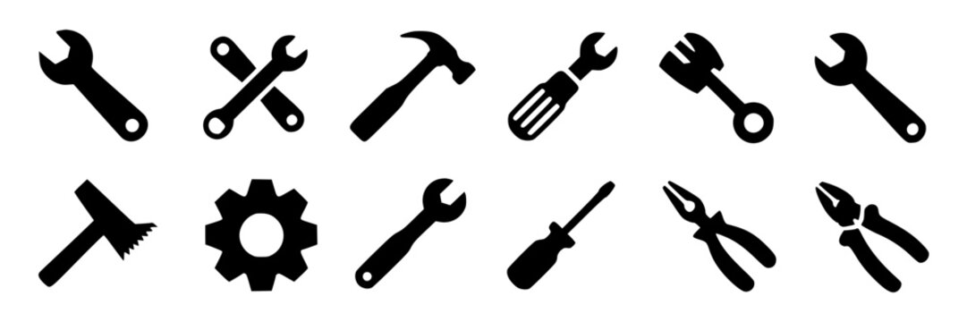 Tools flat icon set with wrench hammer gear screwdriver pliers spanner silhouettes, simple black repair and construction symbols for web, app UI, and infographics
