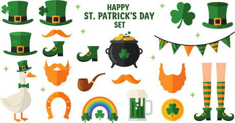 green hat celebrates St Patrick's Day with a pot of gold and a lucky shamrock clover in this fun vector cartoon illustration © Koko