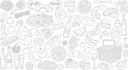 Doodle style hand drawn assortment of various picnic foods, drinks, and a basket fills the entire background area.