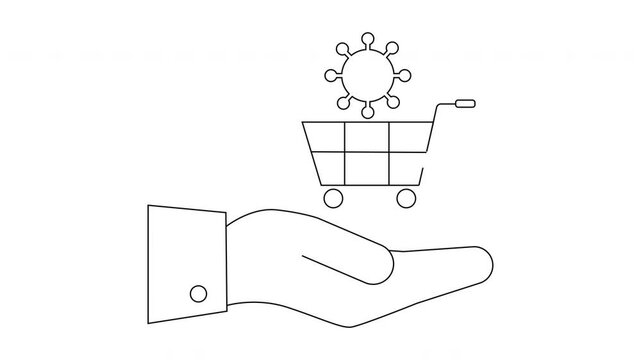 Hand Holding Shopping Cart with Virus - Concept of Pandemic Shopping.