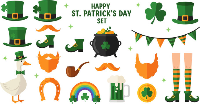 green hat celebrates St Patrick's Day with a pot of gold and a lucky shamrock clover in this fun vector cartoon illustration