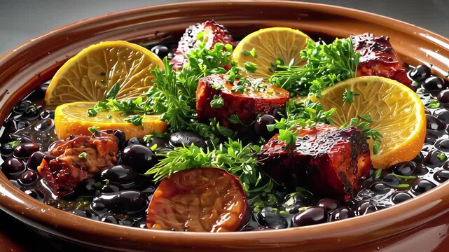 Brazilian feijoada stew with black beans pork ribs sausage and orange slices traditional clay pot soft neutral background Popular dish