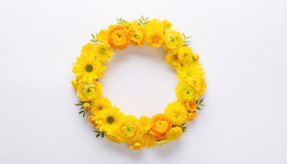 Flowers composition. Wreath made of various yellow flowers on white background. Easter, spring, summer concept.  Flat lay, top view, copy space