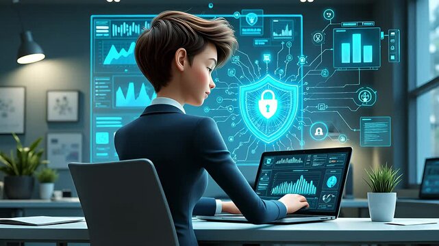 Female cybersecurity expert safeguarding data and networks, using advanced security protocols and monitoring systems at her office desk